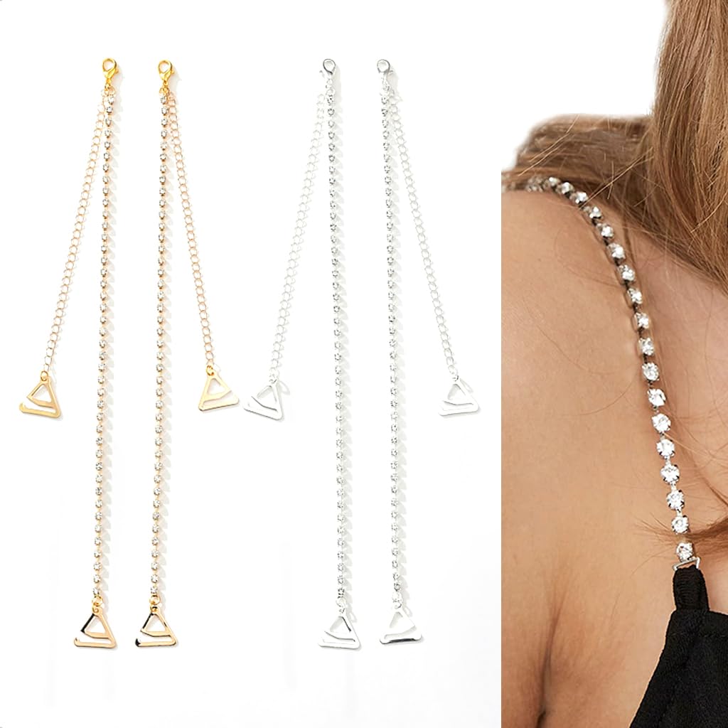 MAYCREATE 2 Pairs Adjustable Bra Straps for Women Crystal Beaded Bra Straps Chain Shining Rhinestone Lingerie Shoulder Strap for Strapless Dress - Silver & Gold MAYCREATE 2 Pairs Adjustable Bra Straps for Women Crystal Beaded Bra Straps Chain Shining Rhinestone Lingerie Shoulder Strap for Strapless Dress - Silver & Gold